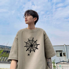 Hearujoy Harajuku Men Oversized Tee Shirts Spider Web Printed Summer Short Sleeve All-match T-Shirts Men's Korean Loose Cotton Tops 5XL-S