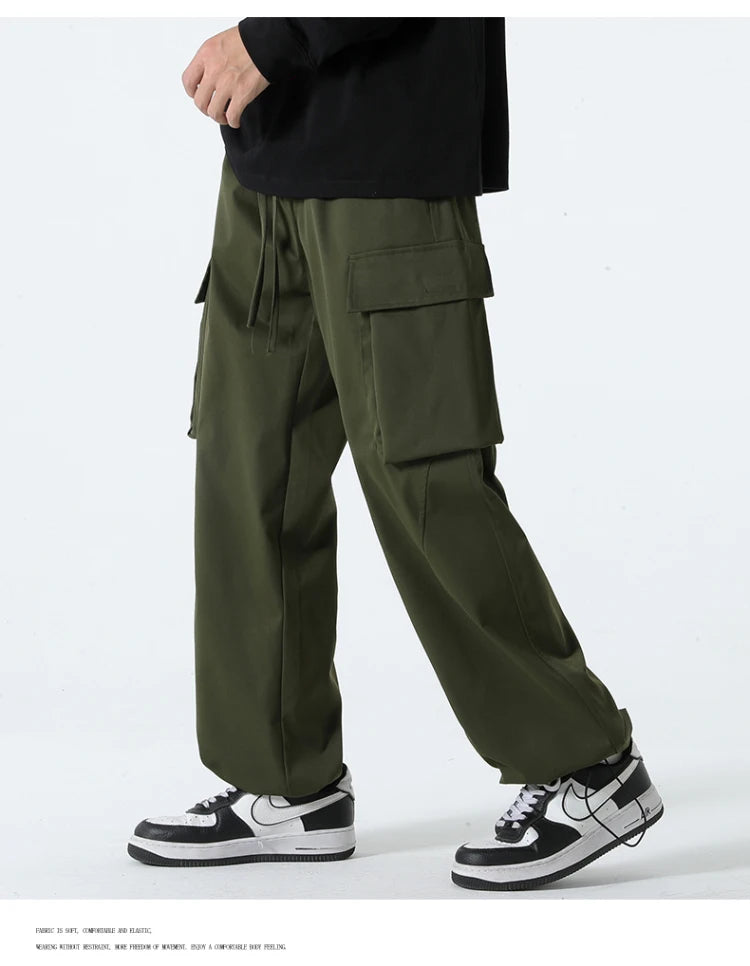 HEARUJOY  -  Men Elastic Waist Solid Color Cargo Pants Multi Pocket Loose Baggy Pants for Women Streetwear Harem Casual Pants하렘 바지