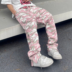 Hearujoy Fashion Streetwear Pink Camouflage Cargo Pants Hip Hop Multi-pocket Zip Up Trousers Flared Men Y2k Slim Fit Casual Pants Baggy