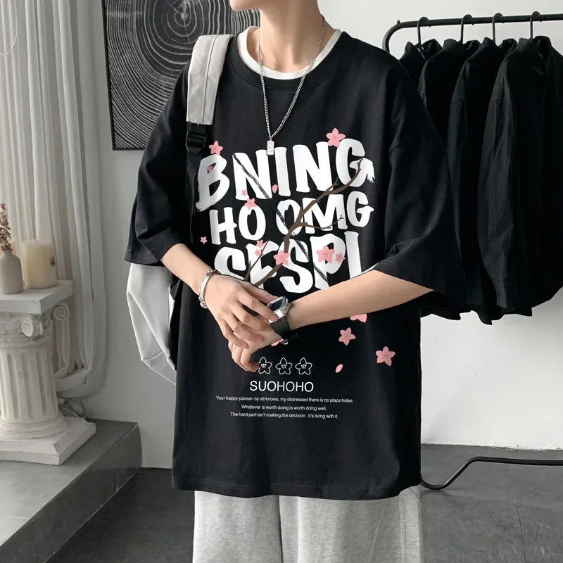 HEARUJOY  -  Men's CottonT-shirt Letters Mens Summer T Shirts White Fashion 5XL Oversized Tee Shirts Casual Tshirt for Man