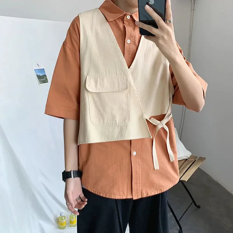 HEARUJOY  -  Man Shirt Half Sleeve with Pocket Shirts for Men Blue Casual Korean Style Vintage Silk Fashion 2025 Cotton Slim Fit Elegant Sale