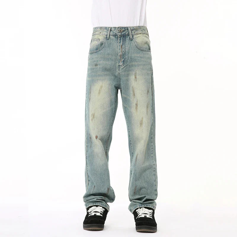 Hearujoy Male Denim Pants New American Worn-out Vintage Splash Ink Whiten Washed Straight Leg Jeans Summer Trendy 9C6674