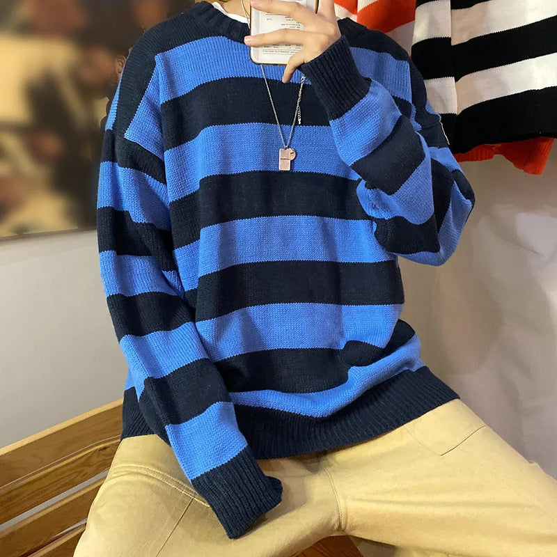 Hearujoy Stripe Knitted Sweater Men Autumn Winter Baggy Long Sleeves Tops Fashion All-Match Trend Streetwear Ins Vintage Y2K Male Clothes