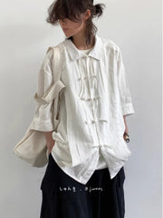 HEARUJOY  -  New Summer New Chinese Style Retro Tang Suit Solid Color Short-sleeved Shirt Men Women Casual Loose Buttoned Chinese Style Shirt