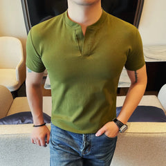 HEARUJOY  -  Men's 92% Cotton Henley Collar V-Neck Short Sleeve Tee  Summer Solid Color Slim Fit Casual T-Shirt in 7 Classic Versatile Colors