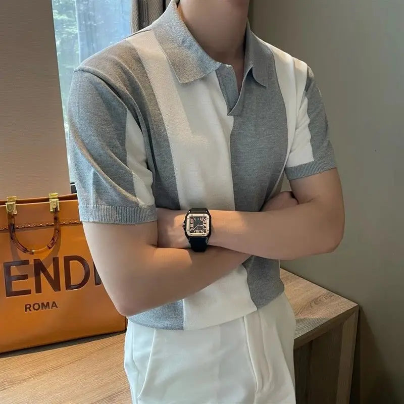 HEARUJOY  -  Summer Men's Lightweight Short-Sleeve Polo Shirt Simple Color Blocking Knit