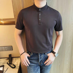 HEARUJOY  -  Men's 65% Cotton Henley Collar Short Sleeve Polo Shirt  Summer Solid Color Stand Neck Tee, Versatile Casual & Smart Styling
