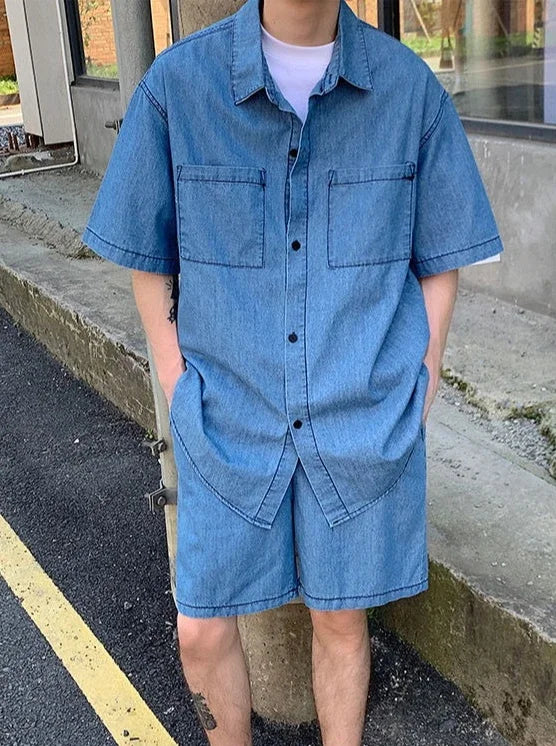 HEARUJOY  -  Japanese Man Sets Work Clothes Loose Cool Two-piece Set New in Matching Elastic Baggy Korean Stylish Shirts Shorts Suits for Men