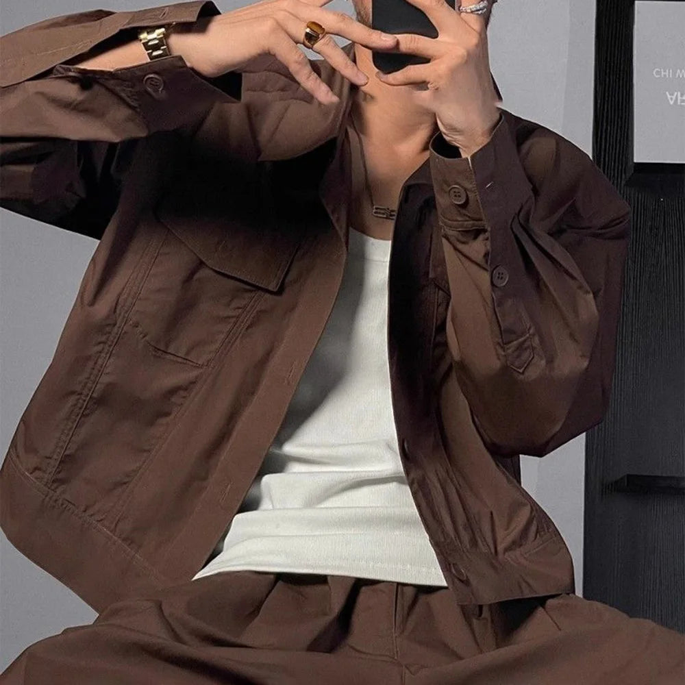 HEARUJOY  -  Mens Suits Casual Commuting Business Short Jacket Trousers Autumn Japanese Simple Solid Color Two-Piece Suit Men'S Clothing