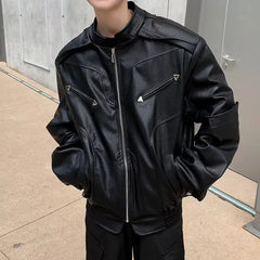 HEARUJOY  -  American Vintage High Street Leather Jacket Men Long Sleeve Stand Collar Motorcycle Tops Spring Autumn Fashion Handsome PU Coat