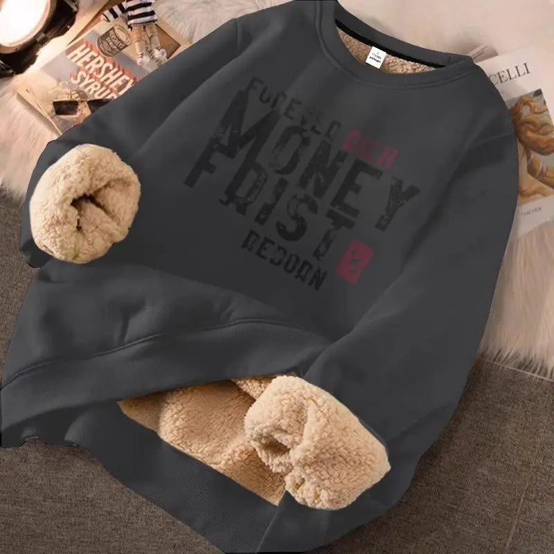 Hearujoy Lamb Fleece Plus Fleece Hoodie Round Neck Top Loose New Warm Couple Outfit Trendy