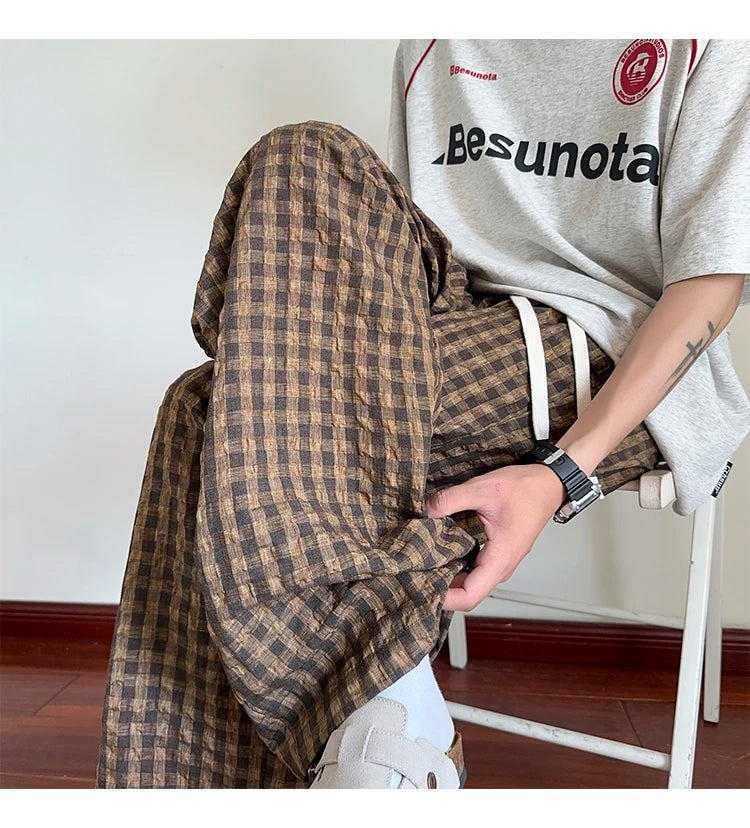 HEARUJOY  -  American Men Thin Pants for Men 2025  Summer plaid  Sweatpants Straight Loose Sports Casual Trousers