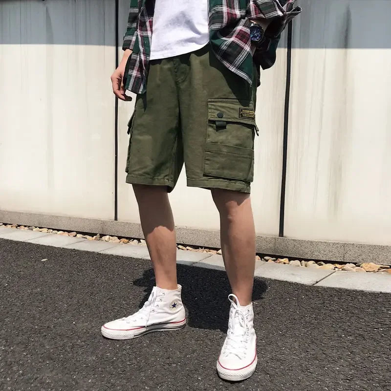 HEARUJOY  -  Oversize Wide Multi Pocket Loose Baggy Short Pants for Men Solid Big Size Elastic Waist Mens Cargo Shorts Hevy Whate Cotton Tall