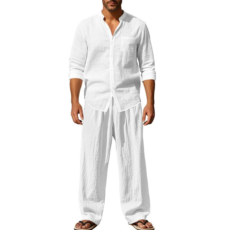 HEARUJOY  -  Men's Four-season Linen Loose and Breathable Long-sleeved Shirt, Casual Long Pants, Beach Suit
