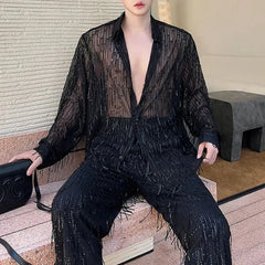 Hearujoy Men Tassel See-Through Sexy Sequined Long-Sleeve Shirt Autumn Genderless Fashion Nightclub Street Stage Performance Shirt Unisex