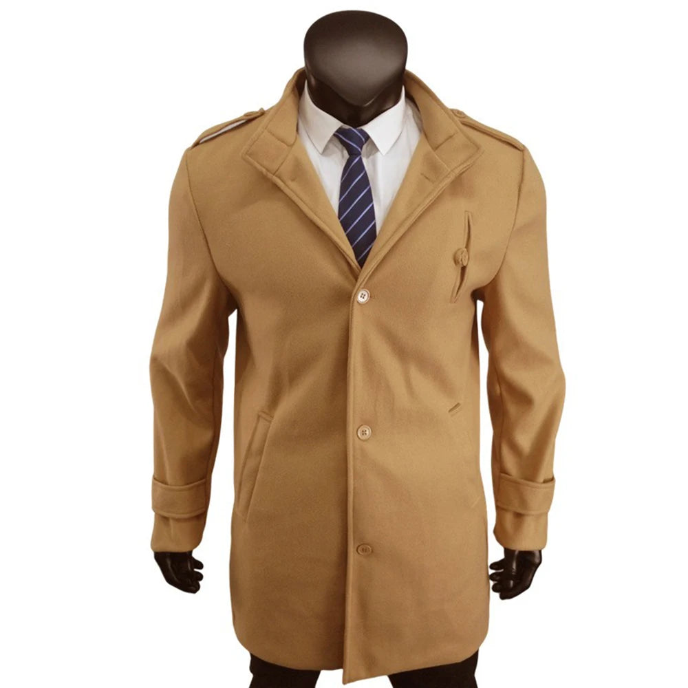 HEARUJOY  -  Spring and Autumn New Men's Solid Color Y2K Wool Coat Fashion Trend Casual Daily Single-Breasted Mid-Length Windbreaker Men