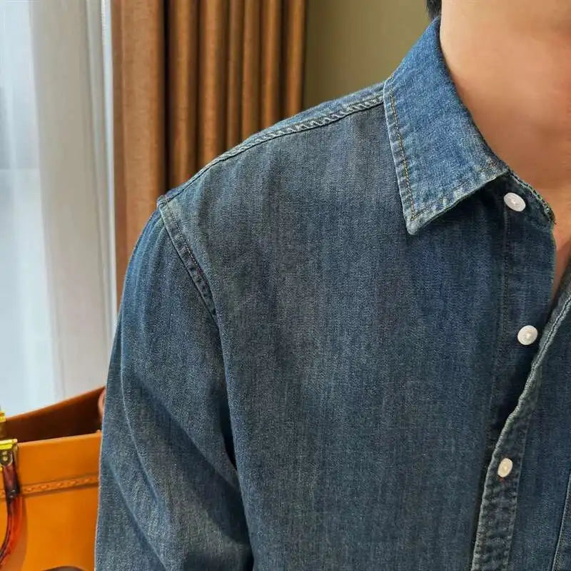 HEARUJOY  -  Lapel Collar Cotton Blend Denim Shirt Long Sleeve Shirt Retro Shirt British Versatile Casual Shirt Man Camisa Social Masculina