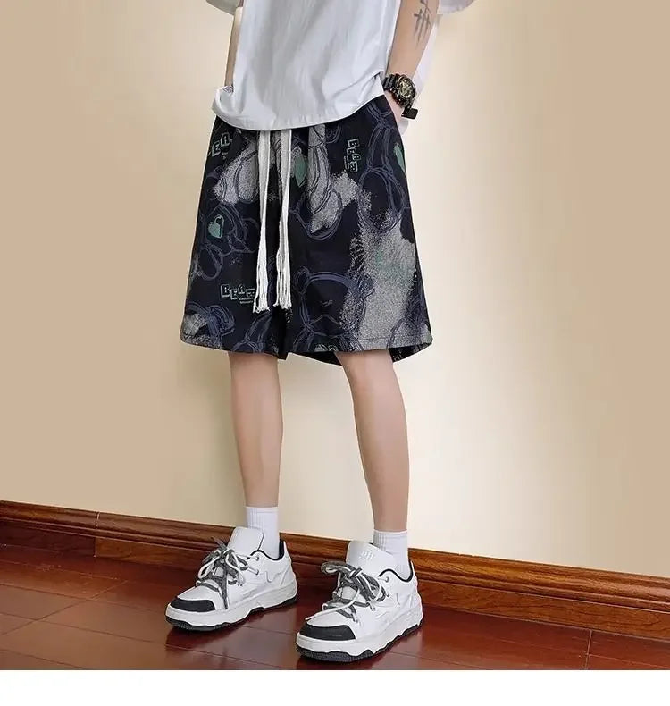 HEARUJOY  -  Men's New Spliced print Five-point Loose Drawstring Design Bear Print Shorts