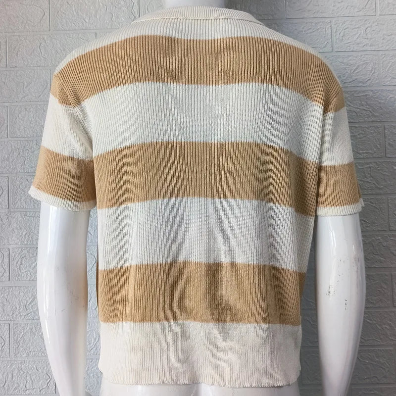 HEARUJOY  -  Men's New Polo Shirt Color Striped Short-sleeved Lapel Casual Sweater Top
