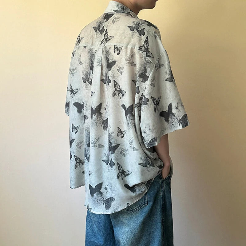 HEARUJOY  -  Nichre Design Men's Shirts Turn-down Collar Butterfly Printing Contrast Color Short Sleeved Single Breasted Stylish