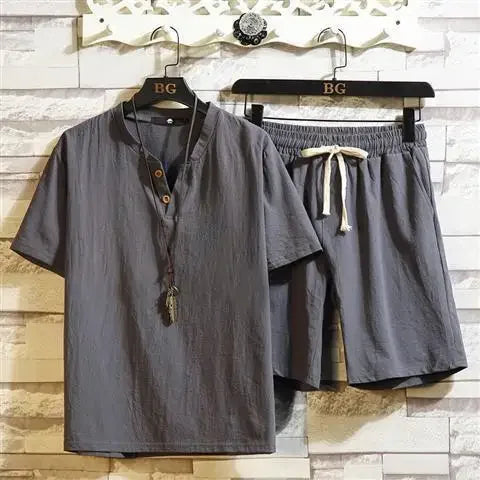HEARUJOY  -  Cotton Linen T-shirts Shorts Suits for Men V-neck Plain Sports Novelty in New Tops & Tees Aesthetic Kpop Regular Fit Man Sets