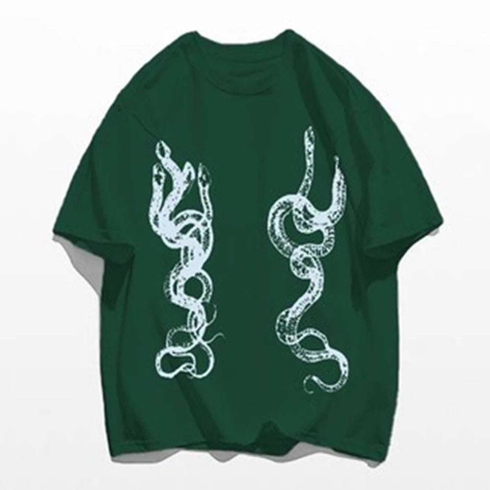 Hearujoy Men's Casual T-Shirt Fashionable Trendy Hip-Hop High Street Y2k Retro Snake Pattern Loose Cotton Top Spring And Summer