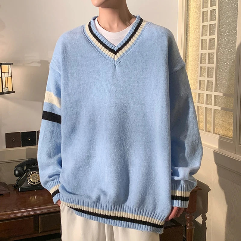 HEARUJOY  -  Preppy V-neck Sweater for Men Couples Pullovers Ins Knitted Top Autumn Korean Trendy Loose-fit Line Clothes for Students Youth