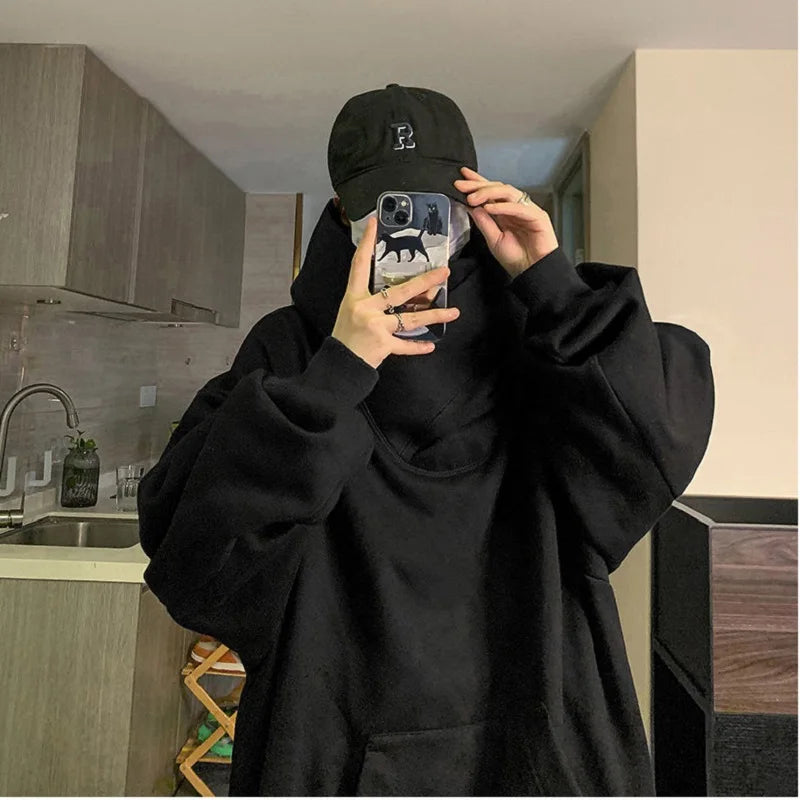 Hearujoy Harajuku High Collar Loose Hoodie Spring Hip Hop Sweatshirt Hooded Baggy Fashion Streetwear Black/Gray Long Sleeve Men Hoodies