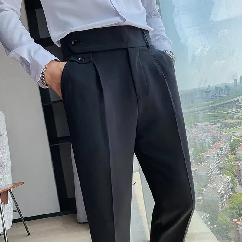 HEARUJOY  -  Men Korean Cropped Pants Fashion Casual Naples Trousers Slim Fit Pencil Suit Pants High Waist Button Business Straight Trousers