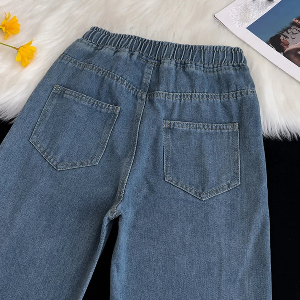 HEARUJOY  -  Men Vintage Korean Casual Pants High Street Hip Hop Straight Wide Leg Jeans Male Drawstring Streetwear