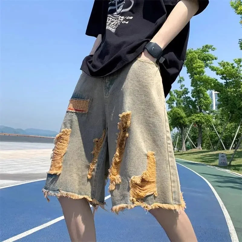 HEARUJOY  -  Baggy Man Denim Shorts Short Jeans Pants for Men Ripped Half Wide Bermuda with Pockets Long Loose Cowboy New in Rude Emo Cut Xl