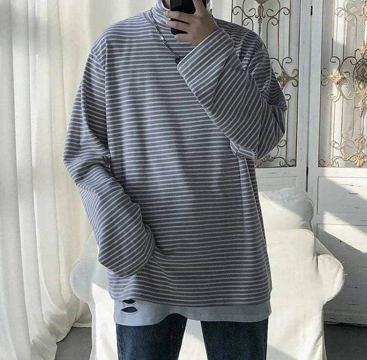 HEARUJOY  -  Turtleneck High Collar T Shirt For Man Striped Top Bulk With Wholesale Men's Clothing Long Sleeve Quotes Full Xl F Pullover
