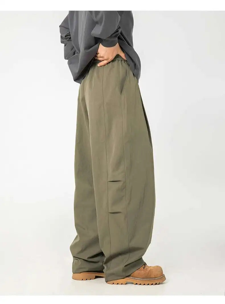 HEARUJOY  -  Pleated Design Men Casual Trousers Solid Color Drawstring Summer Korean Style Elastic Waist Straight Leg Male Pants 9W3495
