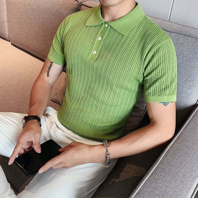 HEARUJOY  -  Summer Men's Clothing Luxury Hollow Out Knitted Polo Shirt Retro Solid Color Short-sleeved Korean Popular Knitwear Leisure Tees