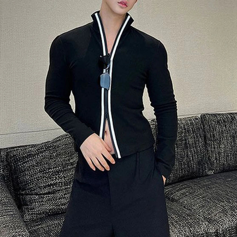 HEARUJOY  -  Men T-Shirt Slim Fit Contrast Color Two-Way Zipper T-Shirt Streetwear Personality Fashion Casual Long-Sleeve Tops Men'S Clothing