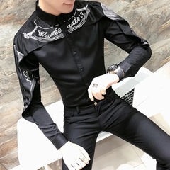 Hearujoy Mens Slim Fit Spliced Shawl Long Sleeve Shirt Autumn Genderless Fashion Nightclub Personality Party Retro Stage Wear Top Unisex