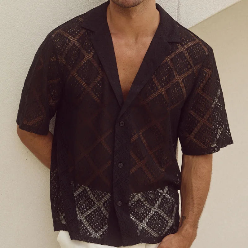 HEARUJOY  -  Summer Cool Shirt Men's Knitted Hollow Out Breathable Tops Fashion Short Sleeve Lapel Jacquard Shirts Casual Cardigan Streetwear