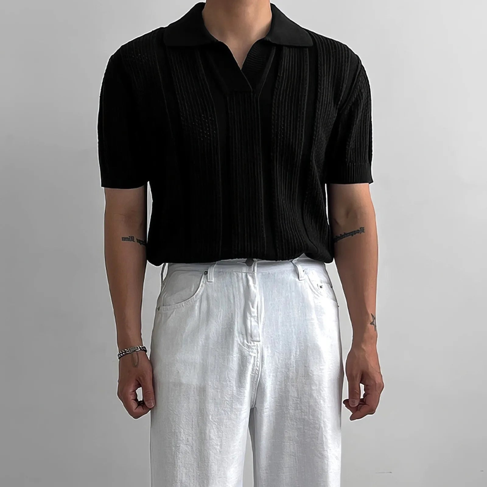HEARUJOY  -  Men's Clothing Luxury Korean Popular Hollow Out Polo Shirt Leisure V Neck Short Sleeve Solid Color Retro Streetwear Knitwear