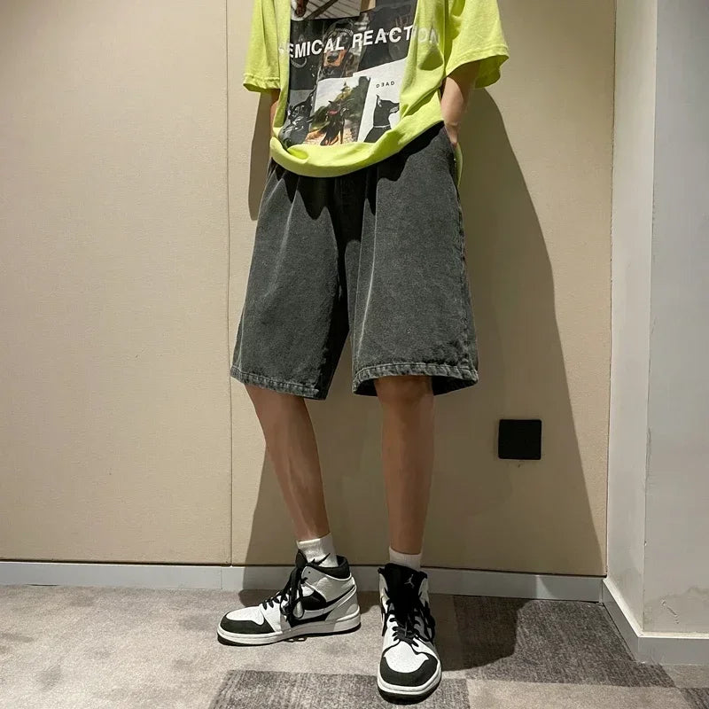 Hearujoy Black Men's Loose Denim Shorts Fashion Casual Oversized Baggy Wide Short Jeans Male Bermuda Short Pants Streetwear