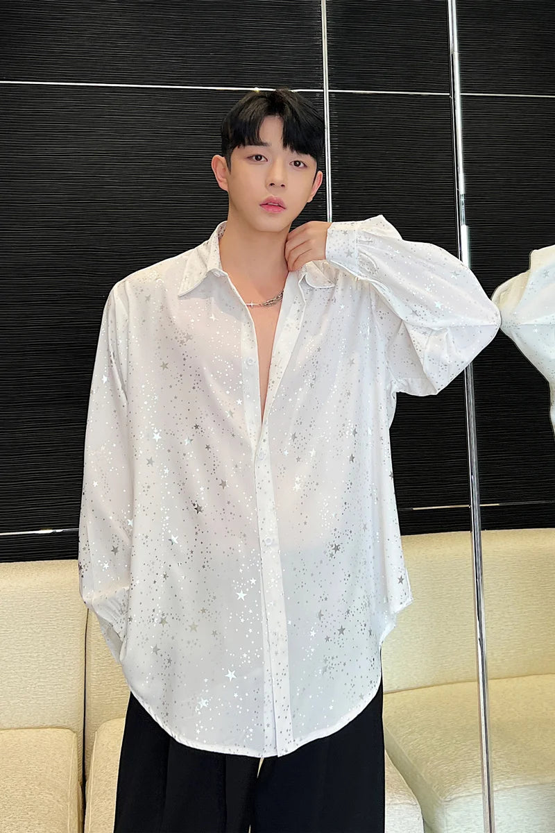 Hearujoy Spring New Male Casual Chiffon Shirts Men's Lapel Niche Desgin Shirt Long Sleeve Shirt Male Stage Show Dress Shirt