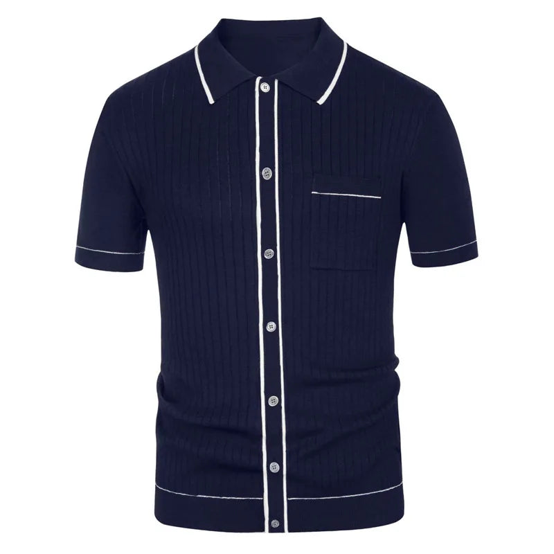 HEARUJOY  -  Men's Luxury Clothing Knit Short Sleeve Polo Shirt Casual Streetwear Lapel Button Down Cardigan Breathable Tops Summer Knitwear