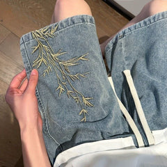 Hearujoy Bamboo embroidered denim shorts men's Harajuku style summer loose street trend American high street washed retro casual pants