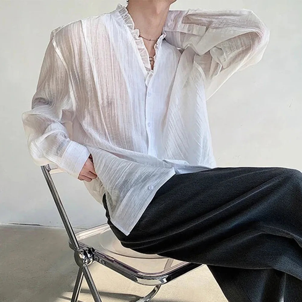 HEARUJOY  -  Mens Shirt Slightly Transparent Sexy Casual Spring Streetwear Fashion Breathable Niche Shirt Long Sleeve Top Men'S Clothing 2025