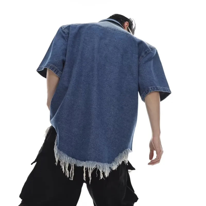 HEARUJOY  -  Y2K Cowboy Shirt Mens Summer Thin Shoulder Pads Retro Washed Short Sleeved Denim Jacket Hip Hop Burr Edge Design Loose Tops