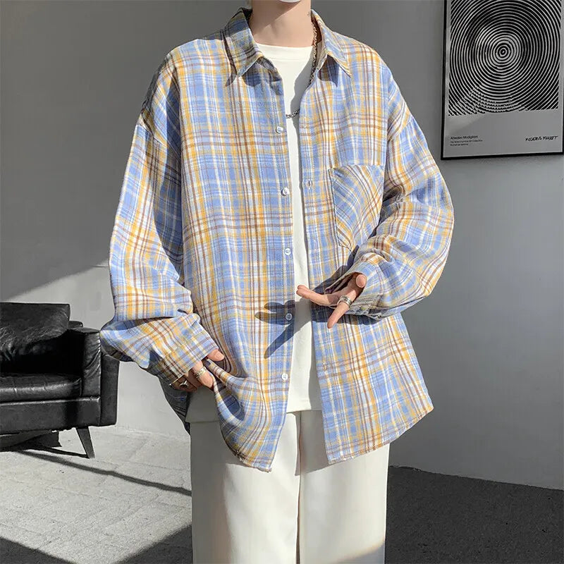HEARUJOY  -  Black Long Sleeved Shirt Men Retro Plaid Shirt Men Japanese Streetwear Loose Casual Shirt Mens Vintage Shirts Large Size 5XL