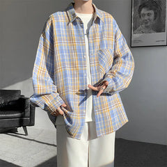 HEARUJOY  -  Black Long Sleeved Shirt Men Retro Plaid Shirt Men Japanese Streetwear Loose Casual Shirt Mens Vintage Shirts Large Size 5XL