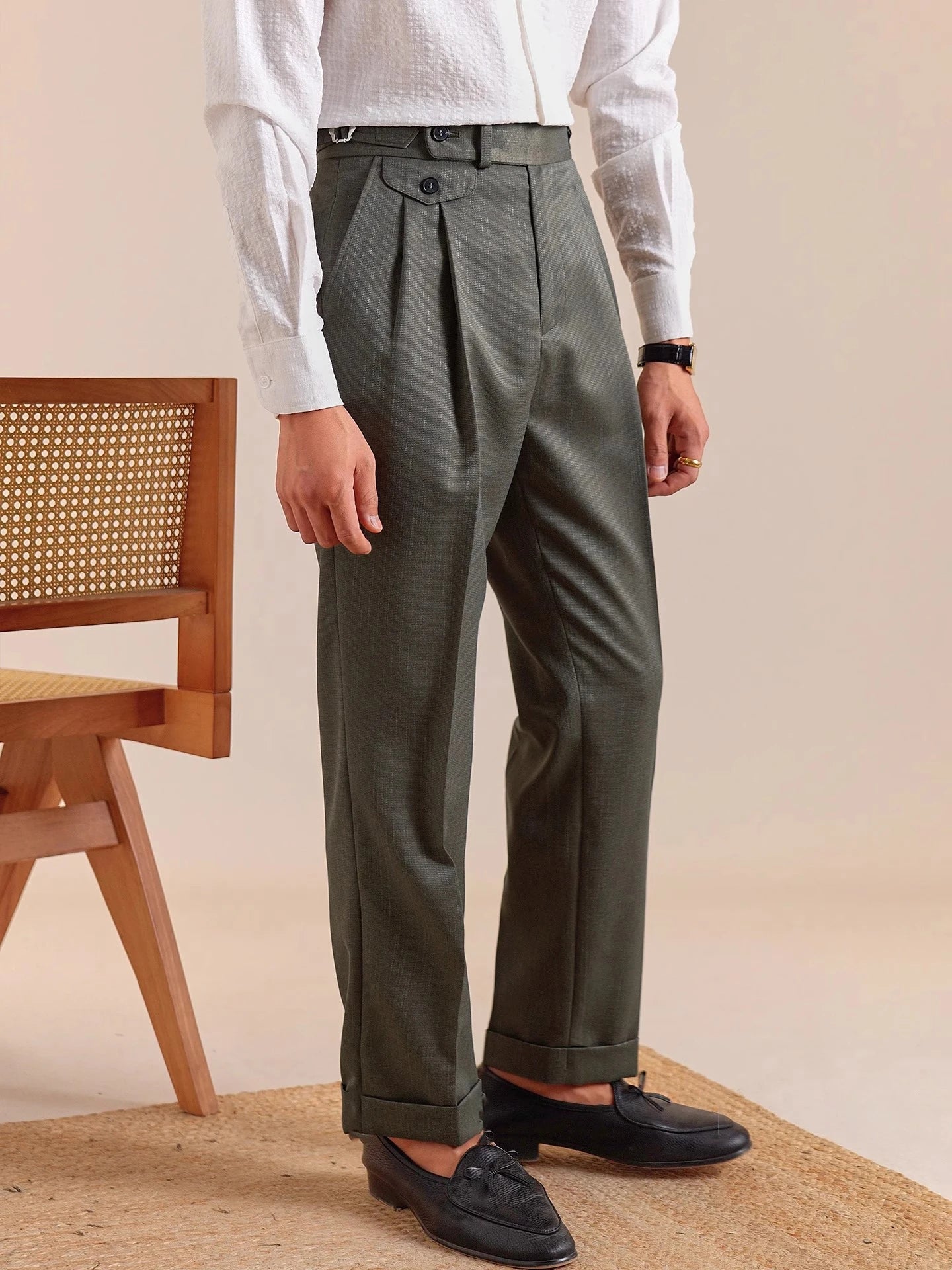 HEARUJOY  -  Italian Style Imitation Linen Naples Trousers Men's Double Pleated Gentleman Casual Business Men's Suit Pants Mens Formal Pants