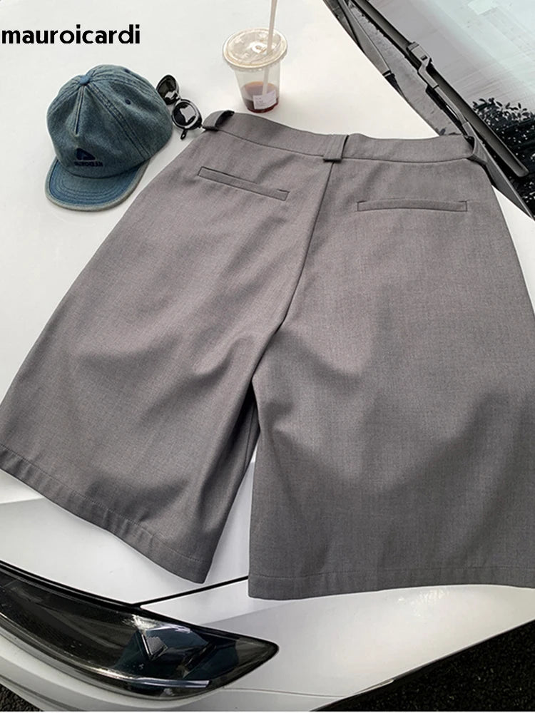 Hearujoy Spring Summer Loose Casual Soft Grey Pleated Shorts for Men with High Waist Short Straight Pants Korean Clothes 2024