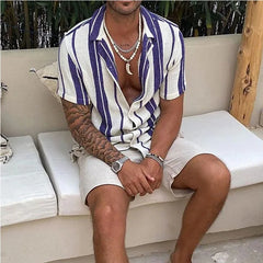 HEARUJOY  -  New Men's Slub Cotton Shirt Stripe Short Sleeve Collar Cardigan Summer Fashion Loose Oversize Shirts Top Streetwear Male