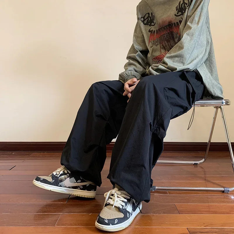 HEARUJOY  -  Men Elastic Waist Solid Color Cargo Pants Multi Pocket Loose Baggy Pants for Women Streetwear Harem Casual Pants하렘 바지